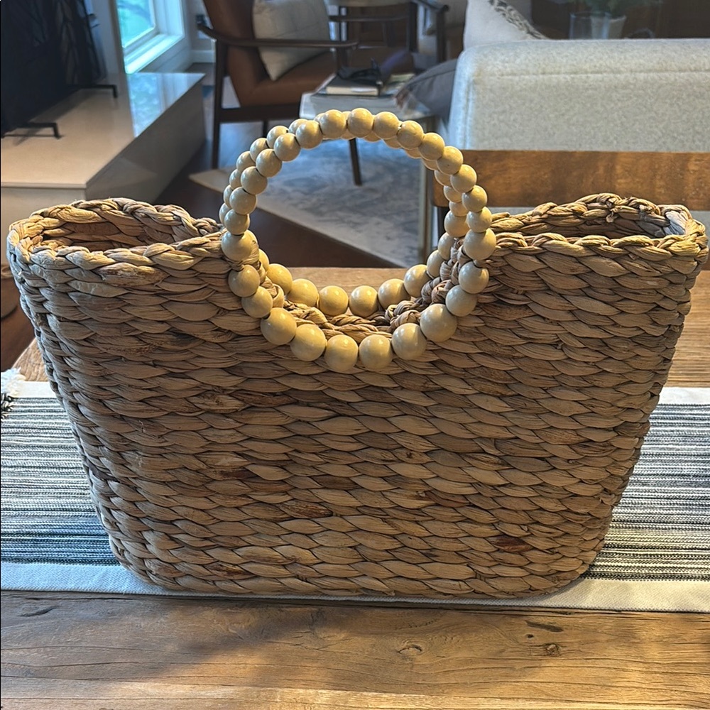 Beaded Handle Woven Tote Bag - Tan